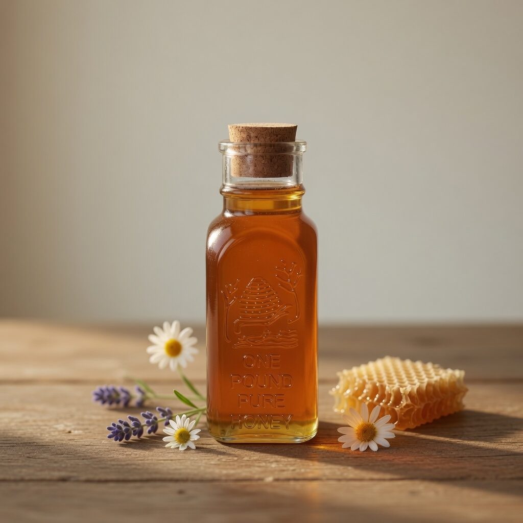 A cork-topped bottle of pure honey with daisies and honeycomb